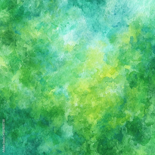 An abstract watercolor painting in shades of green, teal, and yellow, with a soft, blended texture and light-filled areas