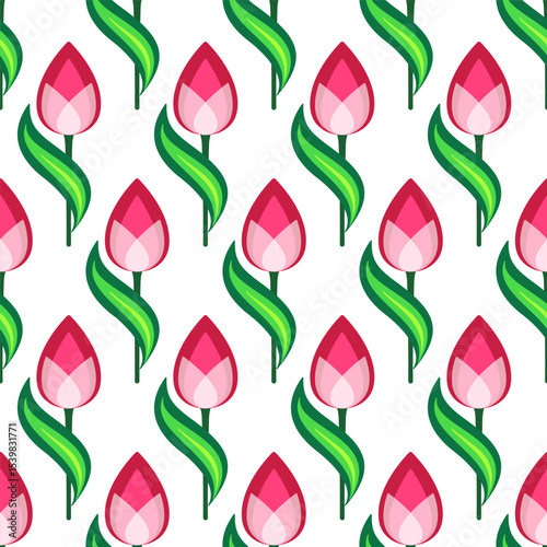 Bright positive ornament of tulips. Spring floral seamless pattern. Cute decor of red pink flowers. Floral pattern of curved leaves and flowers on white background