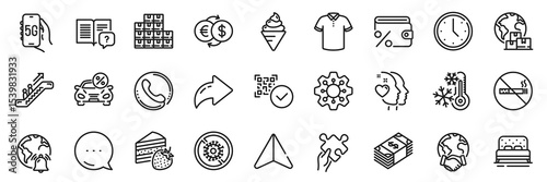 Internet notification, Bed and International delivery line icons pack. Share, Message, Paper plane icons. Escalator, Ice cream, Time web icon. Puzzle, Money exchange, Car leasing pictogram. Vector