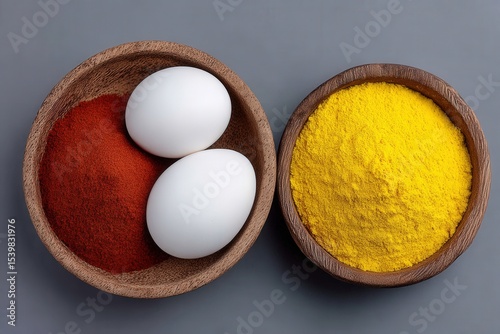 A close-up display of white eggs nestled beside vibrant paprika and turmeric spices in handcrafted wooden bowls creating a visually rich culinary setting inviting for cooking enthusiasts