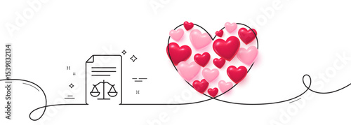 Legal documents line icon. Continuous line big heart. Justice scales sign. Judgement doc symbol. 3d hearts in heart shaped loop. Legal documents single line ribbon. Loop curve pattern. Vector