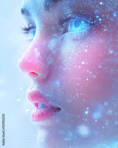 Close-up profile of a woman's face highlighting her eyes, lips, and red makeup, emphasizing beauty and glamour