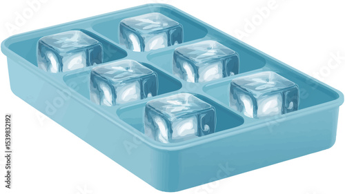 Close-up shot of a light blue rectangular plastic ice cube tray containing six partially filled ice cubes. The tray has individual compartments for each cube. The image is a well-lit studio shot