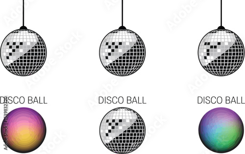 Illustration of three disco balls with different colors on a light gray background design art