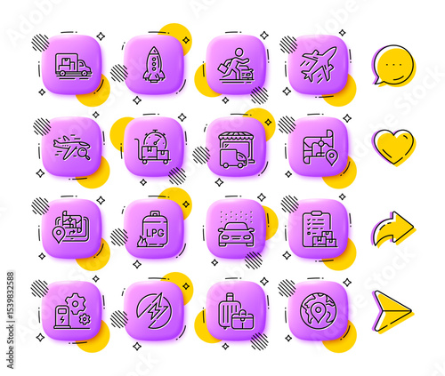 Fast delivery, Truck transport and Plane line icons. App 3d buttons. Social media comment, share, like icons. Pack of Search flight, Gas cylinder, Map icon. Vector