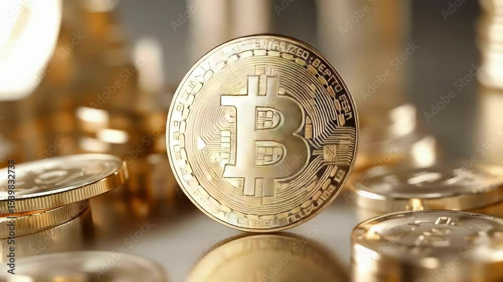 A collection of gold-colored coins with a prominent Bitcoin symbol, representing cryptocurrency.