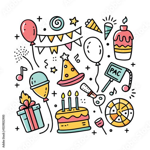 Colorful doodle illustration of birthday party elements