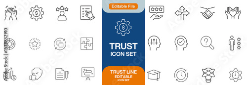 Trust line editable icon set. Containing trustworthy, confidence, credibility, promise, friends, truth, faith, honesty, core values, and more. Vector illustration