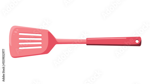 A studio shot of a pink plastic spatula, viewed from the side. The spatula has a broad, slightly rectangular head with several vertical slots and a long, slender handle. 