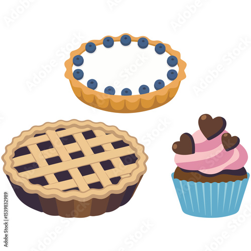 Assorted cake slices decorated vector isolated white background