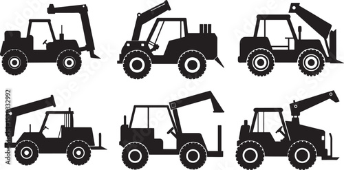 set of telehandler machine silhouette, black and white silhouette, vector and illustration