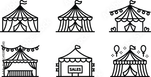 Illustration of six different circus tents with flags and decorations in a line on a light background