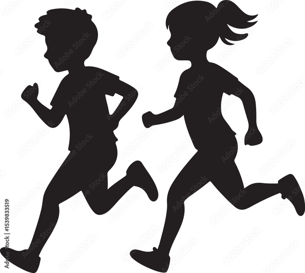 running kids silhouette, black and white silhouette, vector and illustration