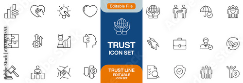 Trust line editable icon set. Containing trustworthy, confidence, credibility, promise, friends, truth, faith, honesty, core values, and more. Vector illustration