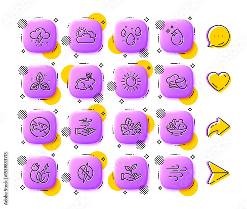 Sunny weather, Sun and Rainy weather line icons. App 3d buttons. Social media comment, share, like icons. Pack of Green energy, Salad, Animal tested icon. Vector