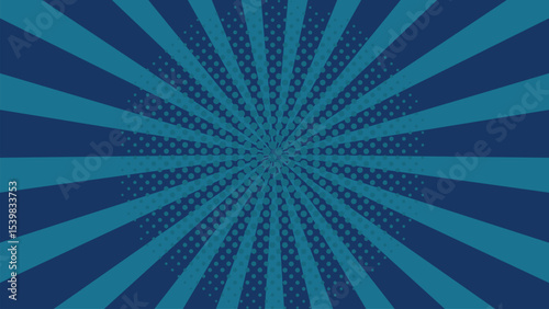 Blue Halftone Sunburst Background. Retro Comic Style Pop Art Rays Pattern. Vintage Radial Stripes Abstract Texture for Poster, Banner, Cover, Pop Culture or Dynamic Graphic Design
