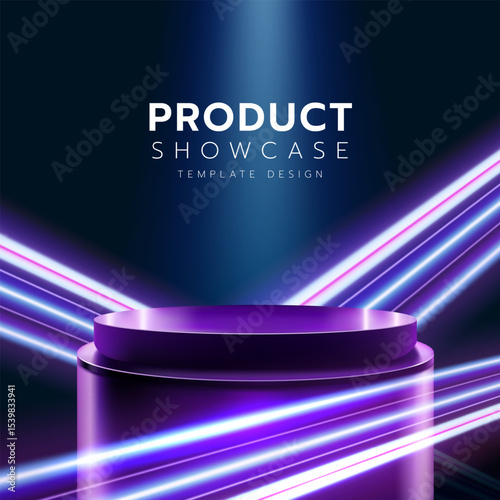 Futuristic purple product display podium showcase with glowing neon light beams. Modern advertiment template and background.