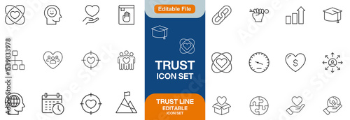Trust line editable icon set. Containing trustworthy, confidence, credibility, promise, friends, truth, faith, honesty, and more. Vector illustration