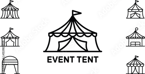 A collection of event tent line art icons displayed on a white background with event tent text below