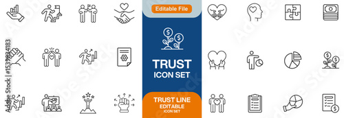 Trust line editable icon set. Containing trustworthy, confidence, credibility, promise, friends, truth, faith, honesty, and more. Vector illustration
