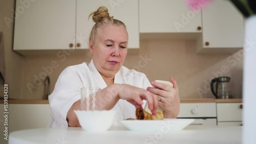 Elderly woman enjoying her peaceful morning routine at home — waking up, making tea, reading, and stretching. A calm start to the day, embracing wellness, mindfulness, and graceful aging