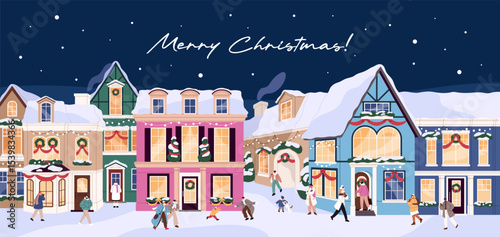 Design of Merry Christmas greeting card with snowy cityscape. Template of Xmas festive postcard. Layout with people, building, house facades at New Year time, winter holiday. Flat vector illustration