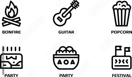 Illustration of bonfire, guitar, popcorn, party and festival icons on a light gray background