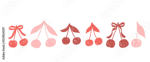 Cherry coquette silhouette crayon drawn set. REd, pink berries with bows and leaves doodle isolated on white background. Fruits grunge textured elements. Vector kid naive illustration by pencil.