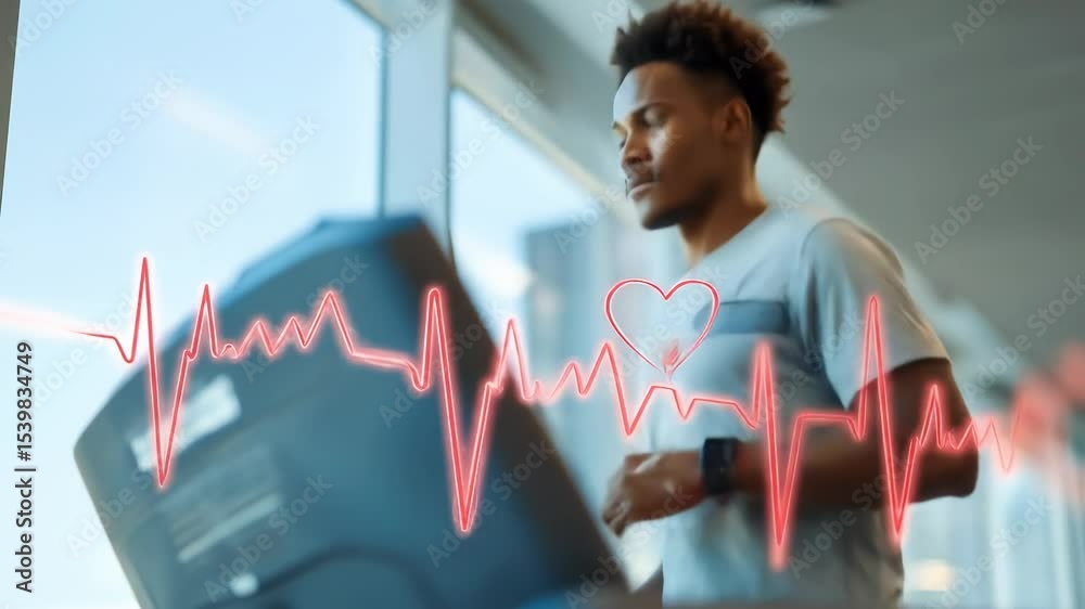 A person running with a conspicuous, overlay digital image of a heart rate monitor or ECG during exercise. A continuous looping video suitable for use as a wallpaper background.