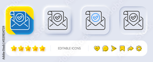 Confirmed mail line icon. Neumorphic, Flat shadow, 3d buttons. Approved email letter sign. Verified correspondence symbol. Line confirmed mail icon. Social media icons. Vector