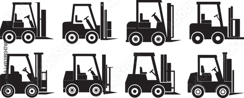 set of forklift machine silhouette, black and white silhouette, vector and illustration