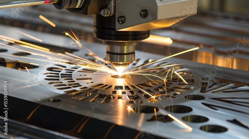 Close-up of a laser cutting machine in operation, precision-cutting a stainless steel workpiece with a high - intensity beam, smoke extraction system active, and control panel displaying cutting param