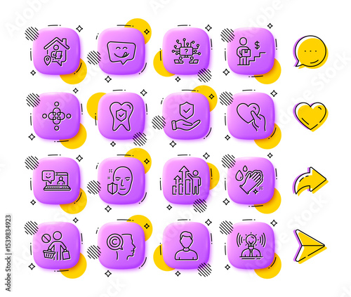 Writer, Hold heart and Employee results line icons. App 3d buttons. Social media comment, share, like icons. Pack of Headshot, Yummy smile, Teamwork question icon. Vector