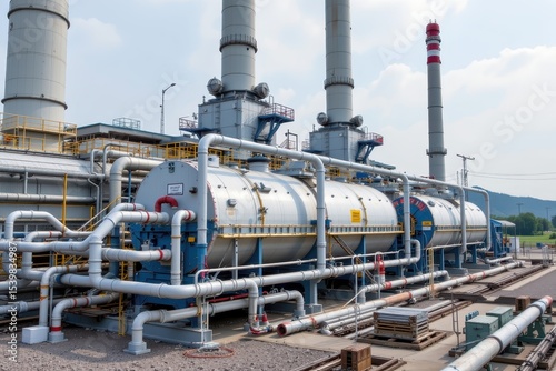 power plant flue gas desulfurization using limestone scrubbers, pipe system, labeled parts, industrial realism