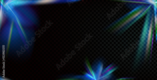 Abstract prism light leaks texture background. Refraction blue and green burn effect. Caustic overlay frame. Blurry bright gradient. Iridescent laser beam stripes. Vector decoration.