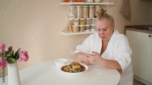 Elderly woman enjoying her peaceful morning routine at home — waking up, making tea, reading, and stretching. A calm start to the day, embracing wellness, mindfulness, and graceful aging