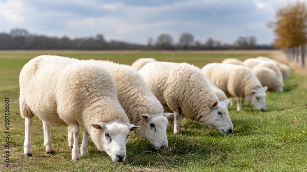 Obraz premium Sheep enjoy fresh green grass on an English farm field beneath a clear blue sky and fluffy white clouds during springtime