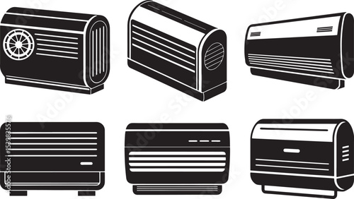set of air conditioner silhouette, black and white silhouette, vector and illustration	