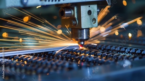 Close-up of a laser cutting machine in operation, precision-cutting a stainless steel workpiece with a high - intensity beam, smoke extraction system active, and control panel displaying cutting param