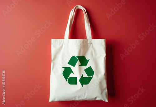 Sustainable and ecologically conscious reusable tote bag featuring a recycling symbol on a red background