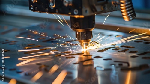 Close-up of a laser cutting machine in operation, precision-cutting a stainless steel workpiece with a high - intensity beam, smoke extraction system active, and control panel displaying cutting param