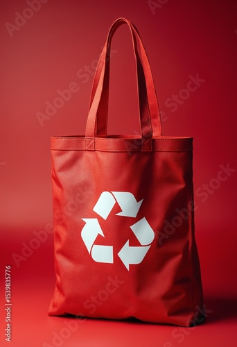 Sustainable and ecologically conscious reusable tote bag featuring a recycling symbol on a red background
