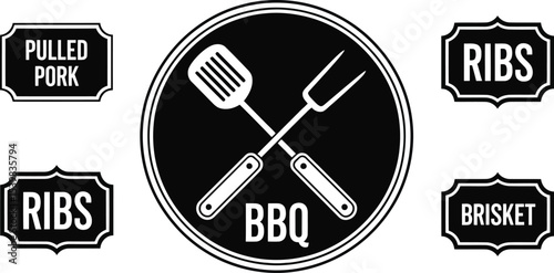 A bbq themed image with a central logo of crossed utensils and labels for different meat selections
