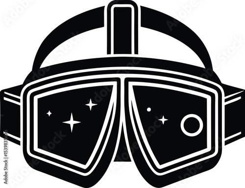 Black and white vector graphic of Silhouette VR headset displaying a starry sky