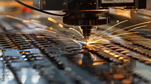 Close-up of a laser cutting machine in operation, precision-cutting a stainless steel workpiece with a high - intensity beam, smoke extraction system active, and control panel displaying cutting param