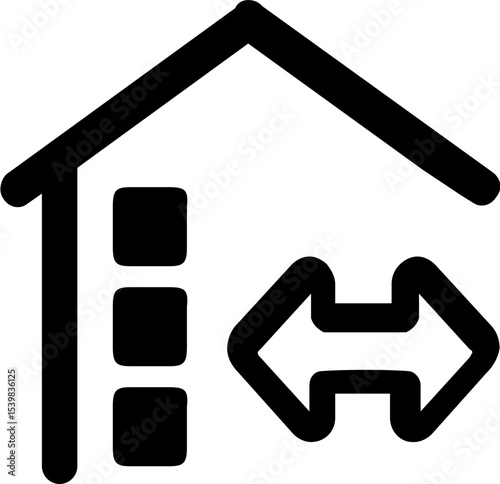 Illustration of a house icon with three squares and a double headed arrow on the right side icon