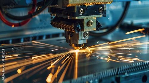 Close-up of a laser cutting machine in operation, precision-cutting a stainless steel workpiece with a high - intensity beam, smoke extraction system active, and control panel displaying cutting param