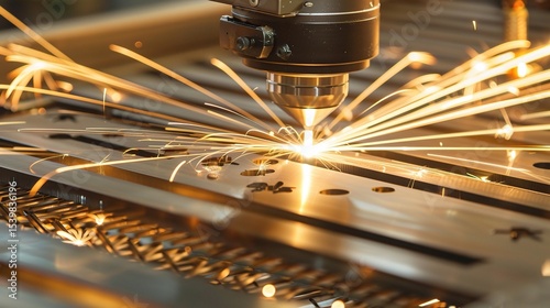 Close-up of a laser cutting machine in operation, precision-cutting a stainless steel workpiece with a high - intensity beam, smoke extraction system active, and control panel displaying cutting param