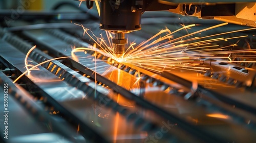 Close-up of a laser cutting machine in operation, precision-cutting a stainless steel workpiece with a high - intensity beam, smoke extraction system active, and control panel displaying cutting param