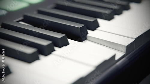 Digital midi key piano camera pan, cinematic. Keys midi. Music and learning, close up, music background, skill home lesson. 3d rendering